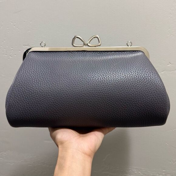 Gray Premium Cowhide Leather Handmade Bow Shaped Kisslock Baguette Bag/Crossbody - Picture 5 of 16